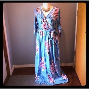 Gorgeous baby blue floral faux wrap dress